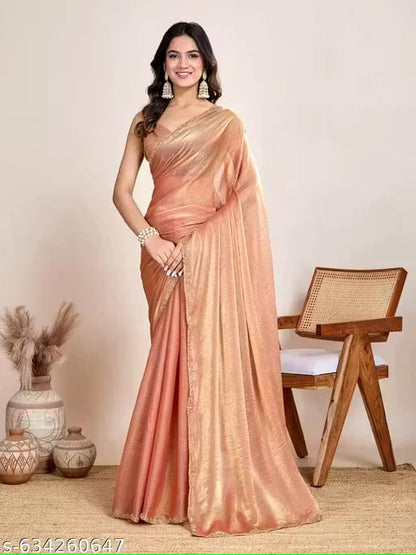 Elegant Peach Pink Shimmer Saree with Golden Border
