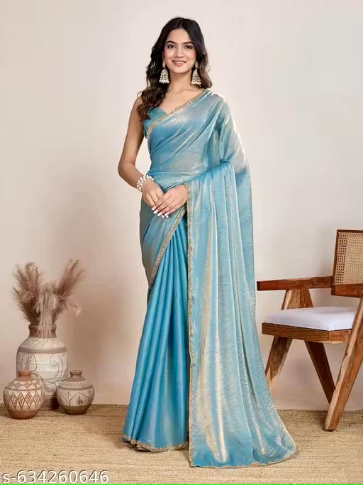 Elegant Sky Blue Shimmer Saree with Golden Border