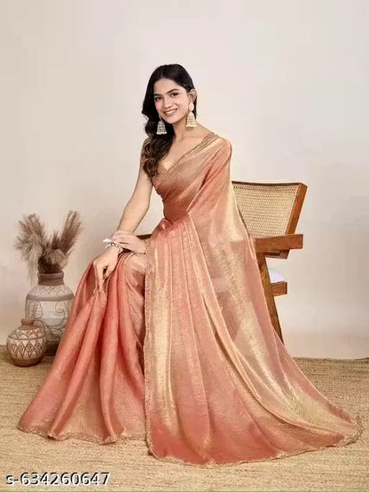 Elegant Peach Pink Shimmer Saree with Golden Border