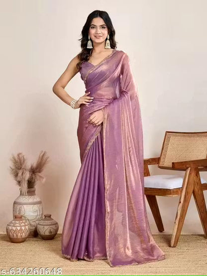Elegant Mauve Pink Shimmer Saree with Golden Border