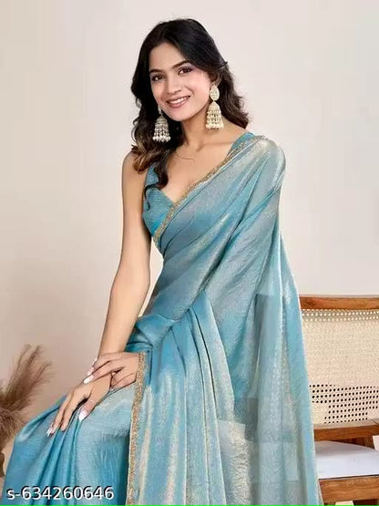Elegant Sky Blue Shimmer Saree with Golden Border