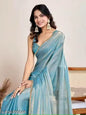 Elegant Sky Blue Shimmer Saree with Golden Border