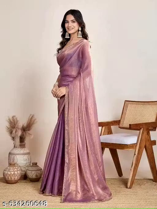 Elegant Mauve Pink Shimmer Saree with Golden Border
