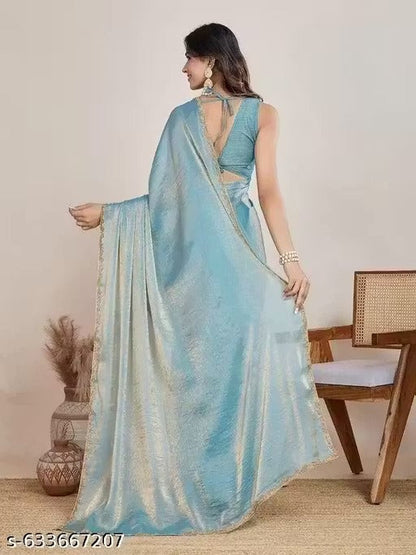 Elegant Sky Blue Shimmer Saree with Golden Border