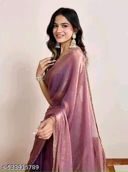 Elegant Mauve Pink Shimmer Saree with Golden Border