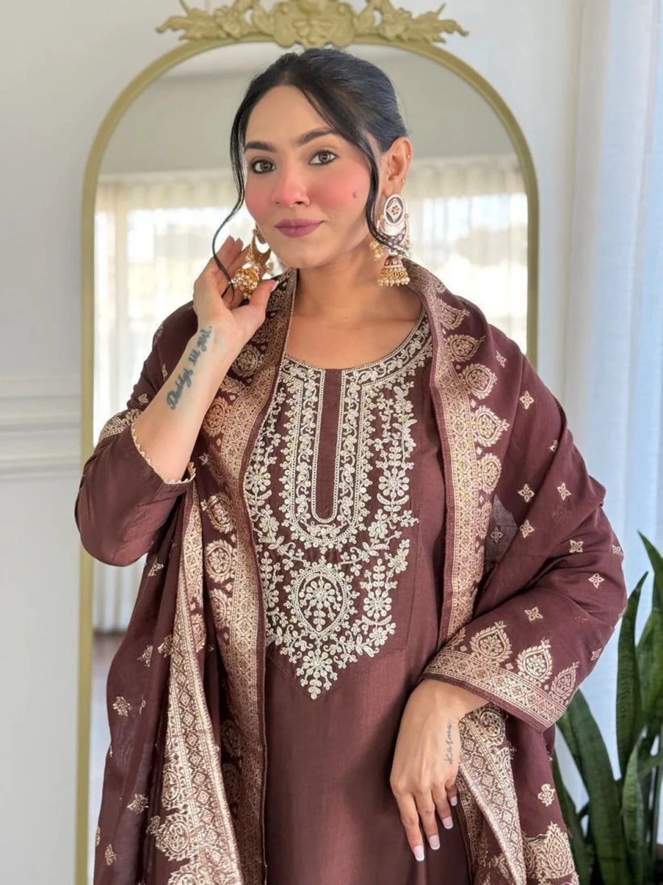 Elegant Brown Embroidered Women’s Suit Set with Designer Dupatta