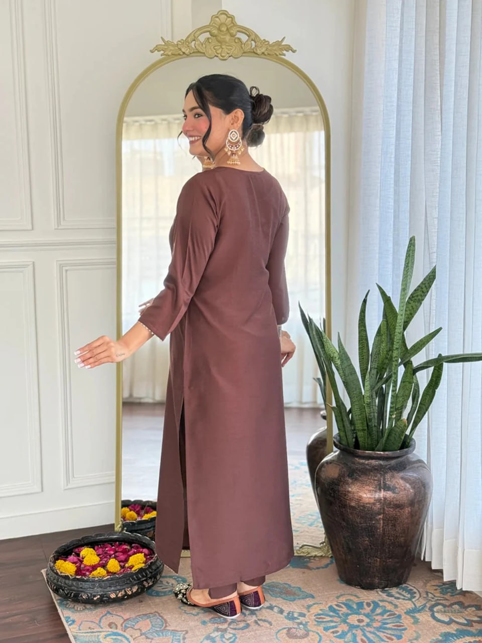 Elegant Brown Embroidered Women’s Suit Set with Designer Dupatta
