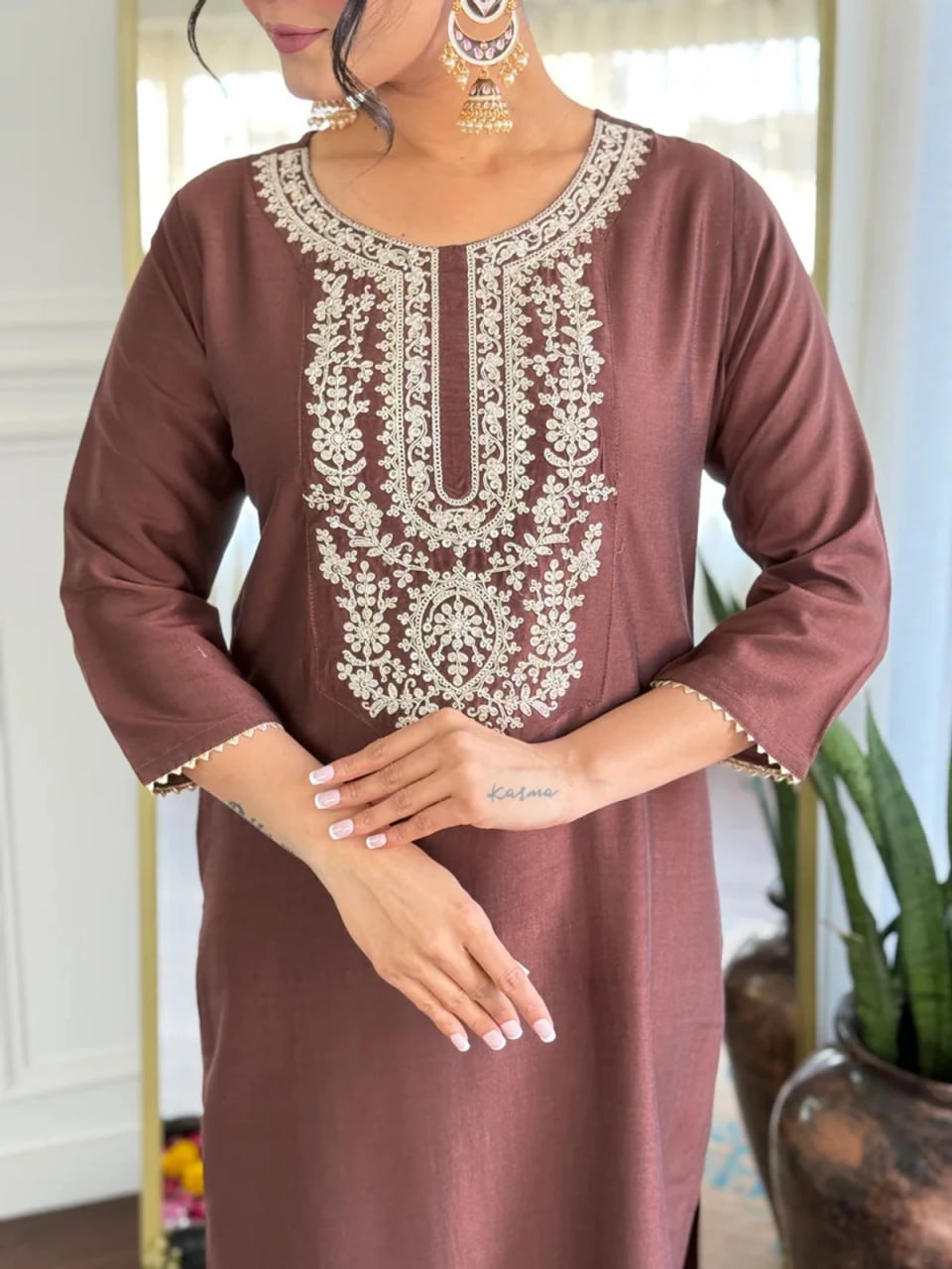 Elegant Brown Embroidered Women’s Suit Set with Designer Dupatta