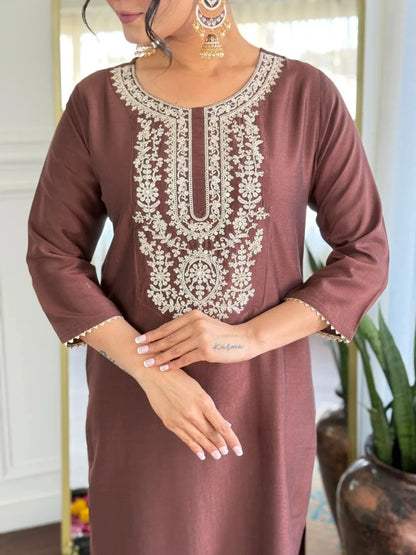 Elegant Brown Embroidered Women’s Suit Set with Designer Dupatta