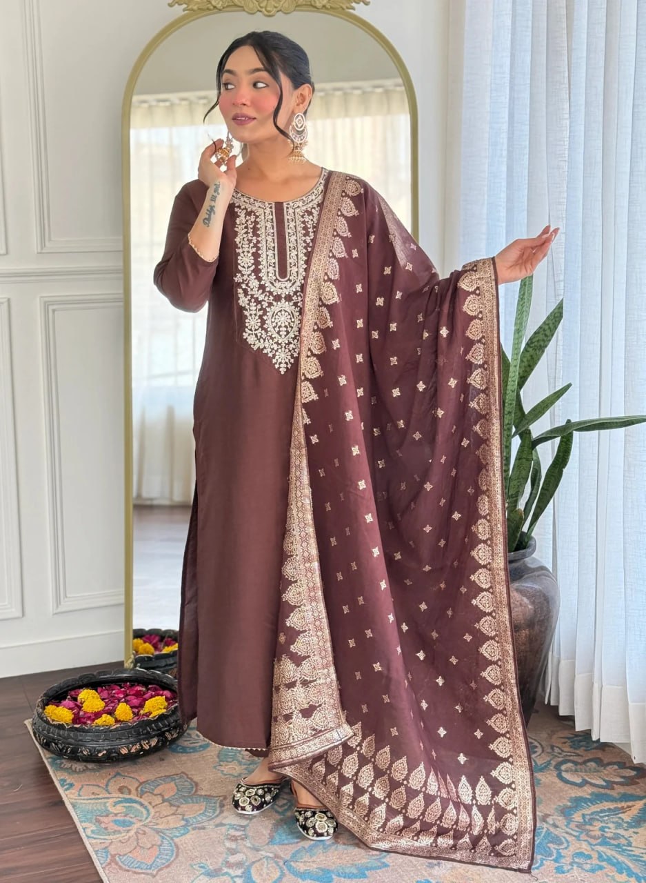 Elegant Brown Embroidered Women’s Suit Set with Designer Dupatta