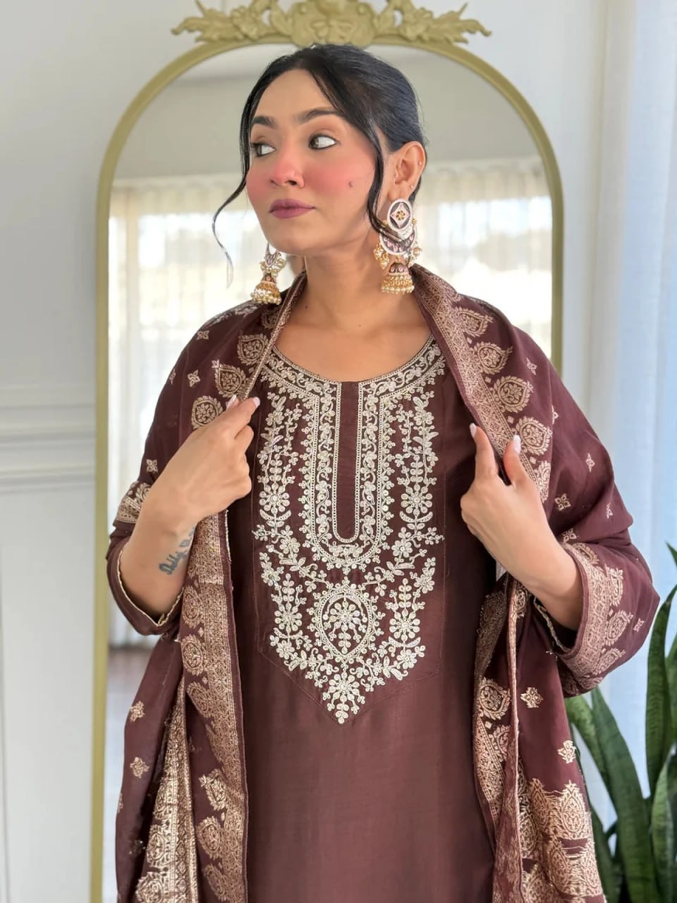 Elegant Brown Embroidered Women’s Suit Set with Designer Dupatta