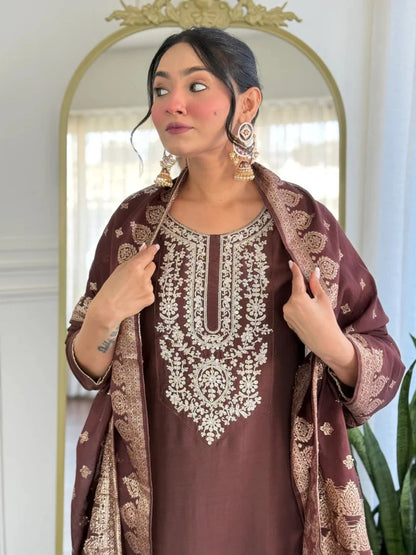 Elegant Brown Embroidered Women’s Suit Set with Designer Dupatta