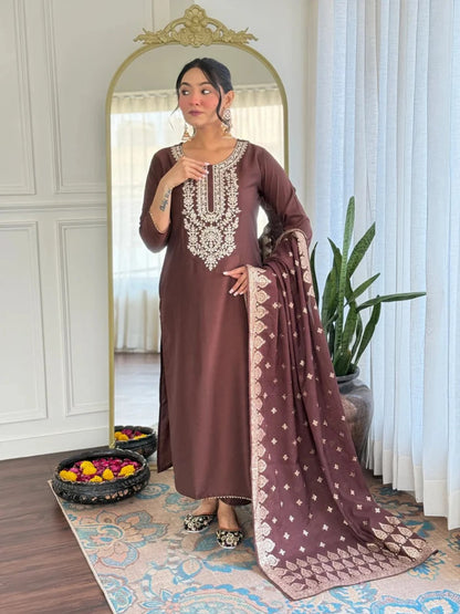 Elegant Brown Embroidered Women’s Suit Set with Designer Dupatta
