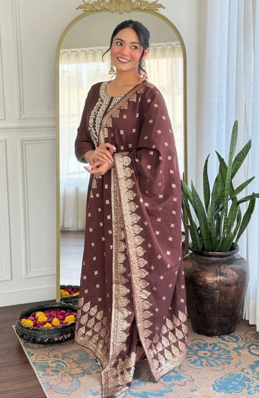 Elegant Brown Embroidered Women’s Suit Set with Designer Dupatta