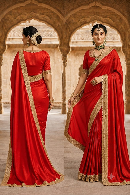 Premium Red Chinnon Saree with Golden Zari Border
