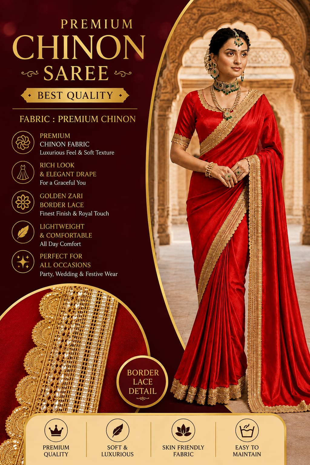 Premium Red Chinnon Saree with Golden Zari Border