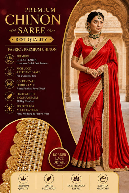 Premium Red Chinnon Saree with Golden Zari Border