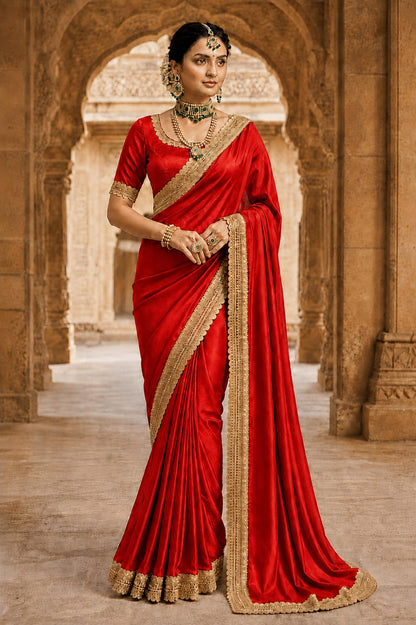 Premium Red Chinnon Saree with Golden Zari Border