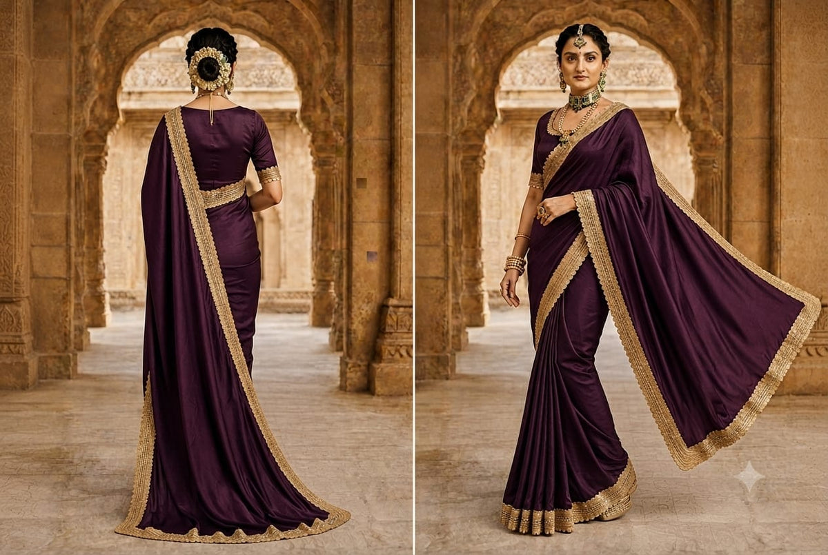 Royal Wine Purple Saree with Golden Border