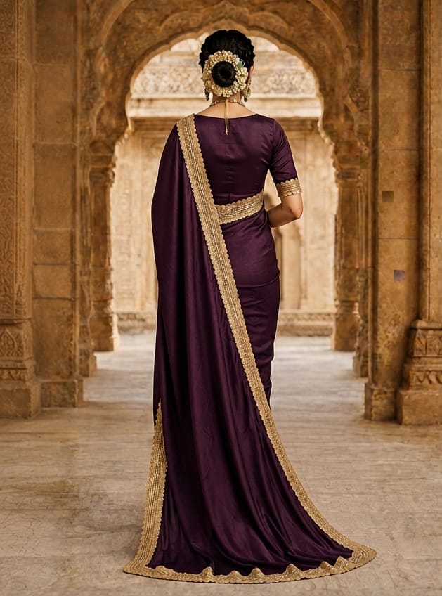 Royal Wine Purple Saree with Golden Border