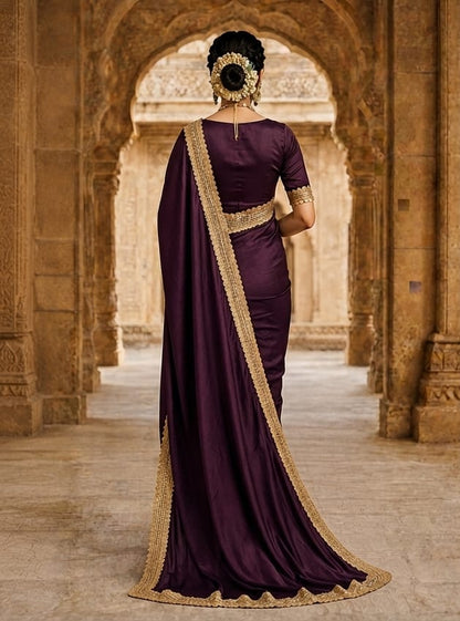 Royal Wine Purple Saree with Golden Border