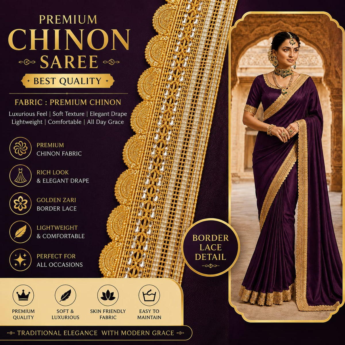 Royal Wine Purple Saree with Golden Border