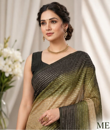 Elegant Olive Green & Black Designer Saree