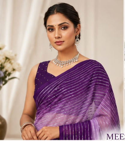 Elegant Purple Designer Saree with Silver Stripes