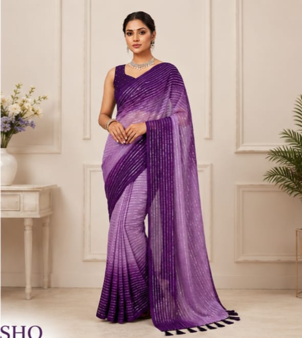 Elegant Purple Designer Saree with Silver Stripes