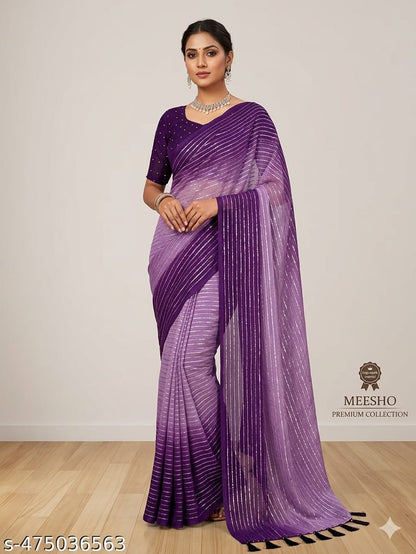Elegant Purple Designer Saree with Silver Stripes