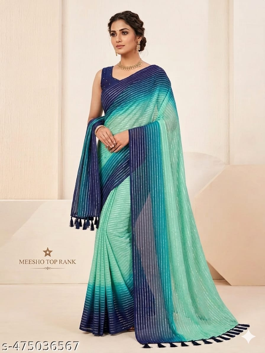 Elegant Blue & Teal Striped Designer Saree