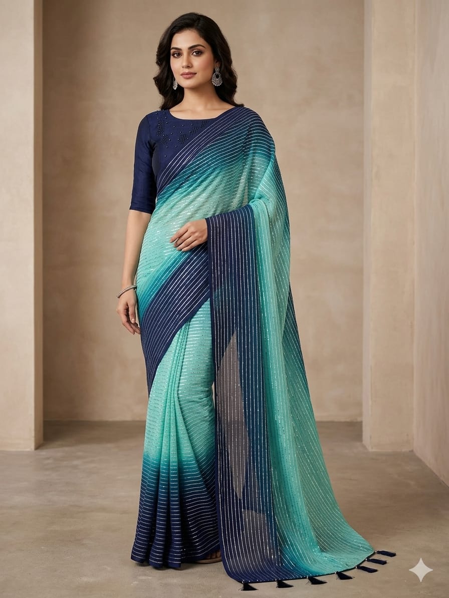 Elegant Blue & Teal Striped Designer Saree