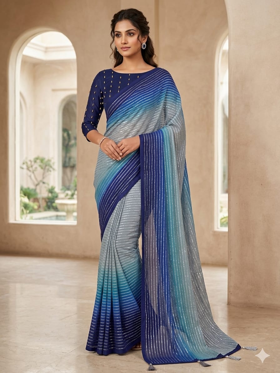 Elegant Blue & Teal Striped Designer Saree