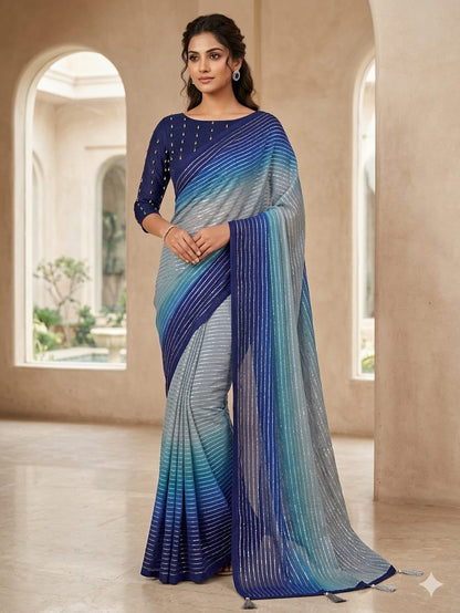 Elegant Blue & Teal Striped Designer Saree