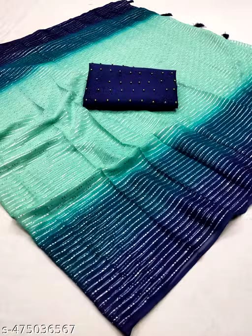 Elegant Blue & Teal Striped Designer Saree