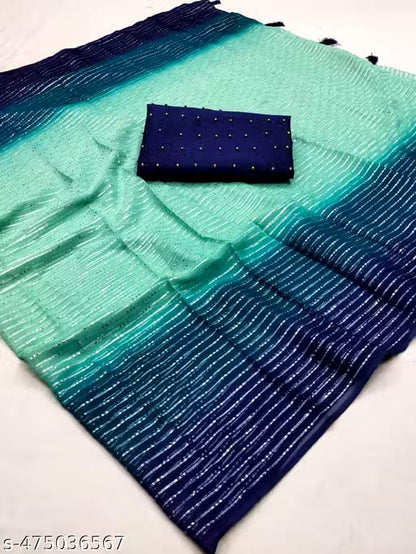 Elegant Blue & Teal Striped Designer Saree