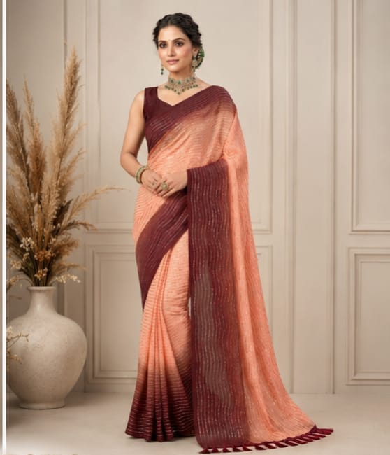 Peach & Burgundy Ombre Designer Saree