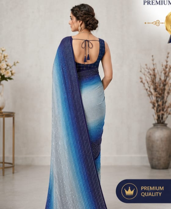 Aqua Blue & Navy Ombre Designer Saree
