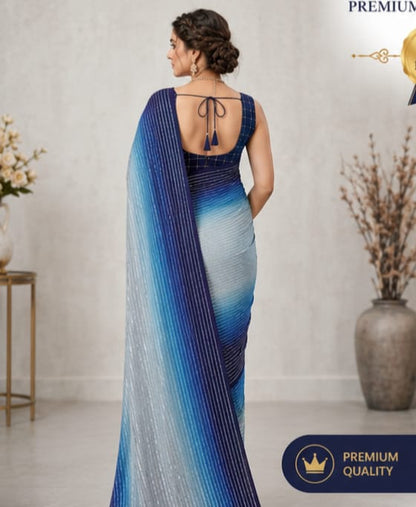 Aqua Blue & Navy Ombre Designer Saree