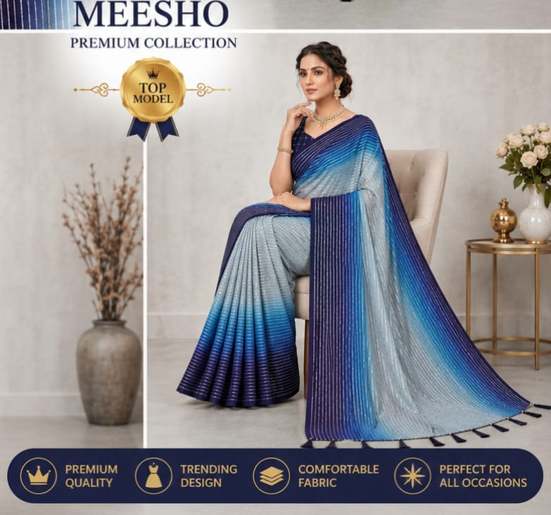 Aqua Blue & Navy Ombre Designer Saree