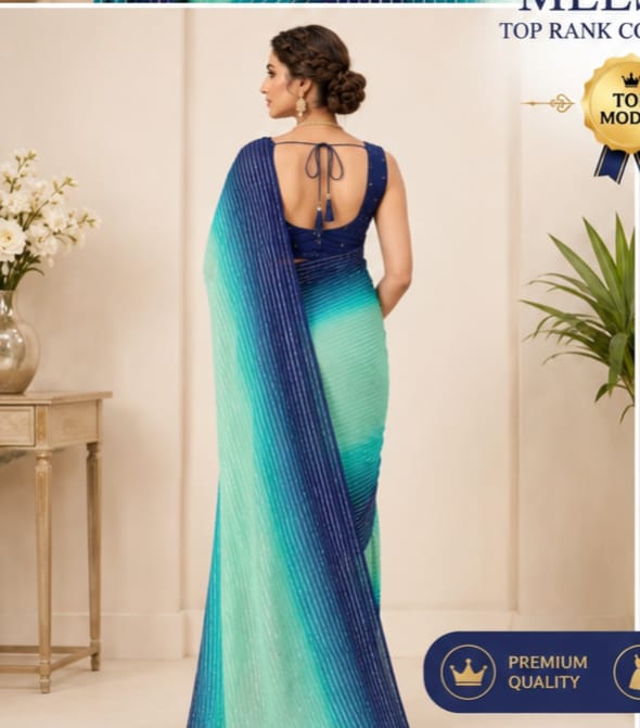 Aqua Blue & Navy Ombre Designer Saree