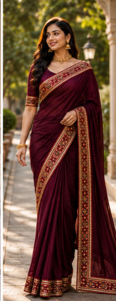 Elegant Maroon Saree with Traditional Embroidered Border
