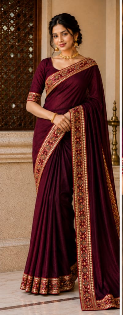 Elegant Maroon Saree with Traditional Embroidered Border