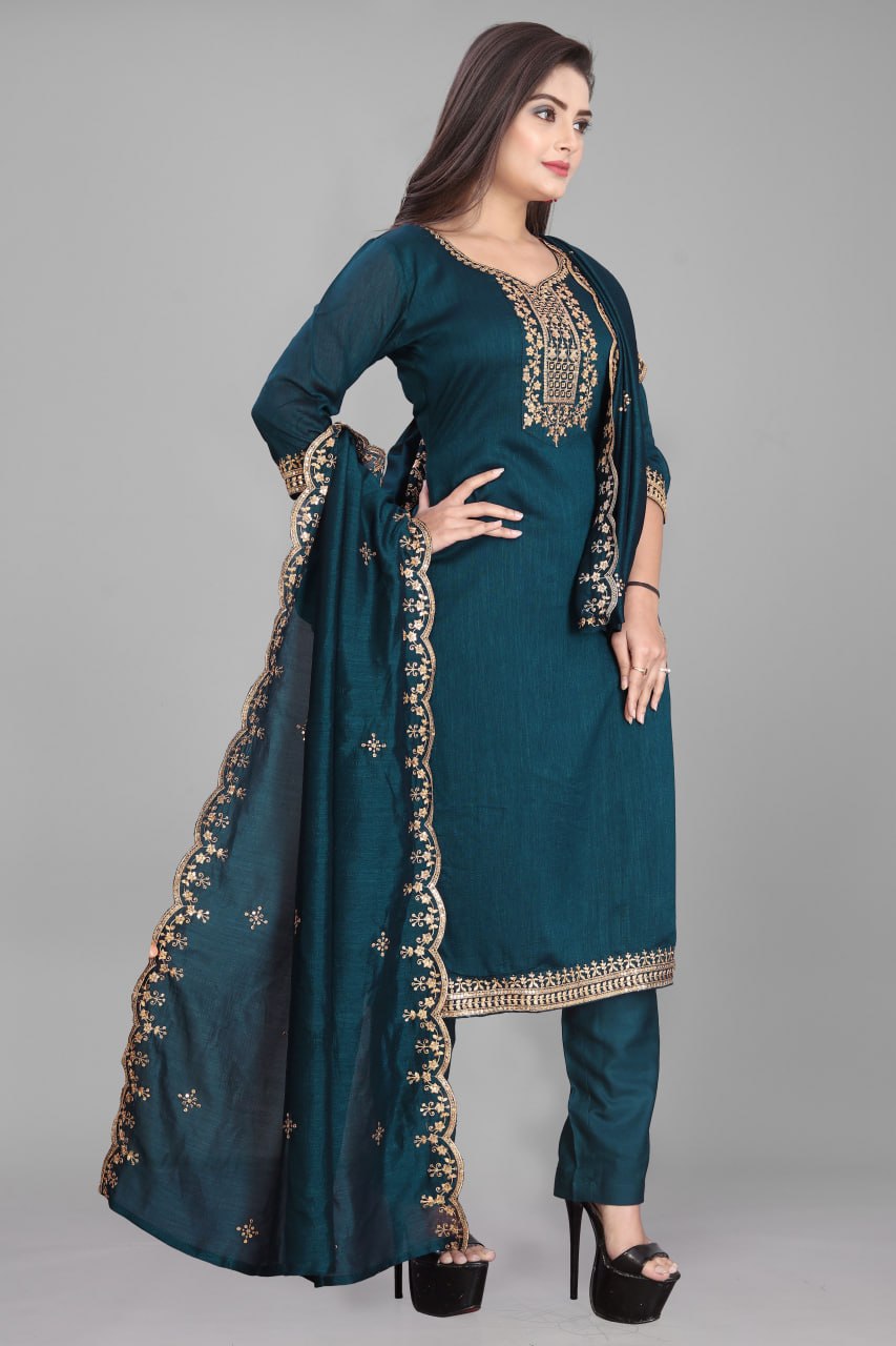 Elegant Teal Embroidered Silk Suit Set with Designer Dupatta