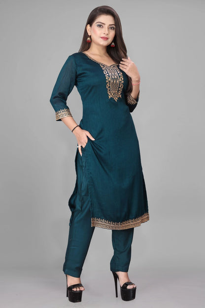 Elegant Teal Embroidered Silk Suit Set with Designer Dupatta
