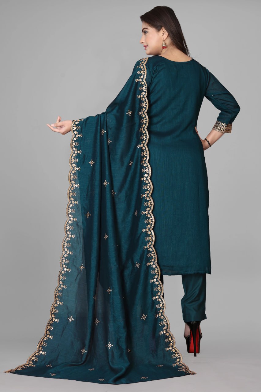 Elegant Teal Embroidered Silk Suit Set with Designer Dupatta
