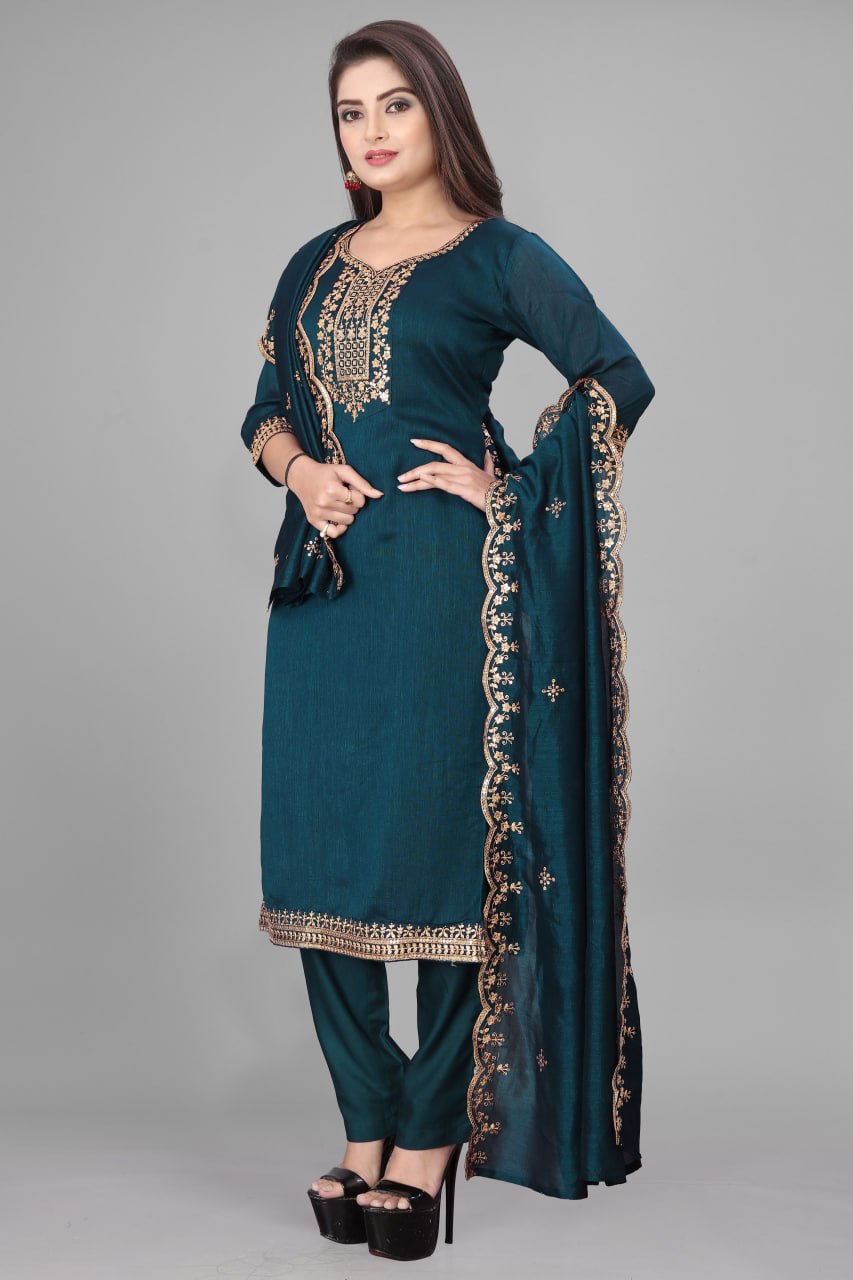 Elegant Teal Embroidered Silk Suit Set with Designer Dupatta