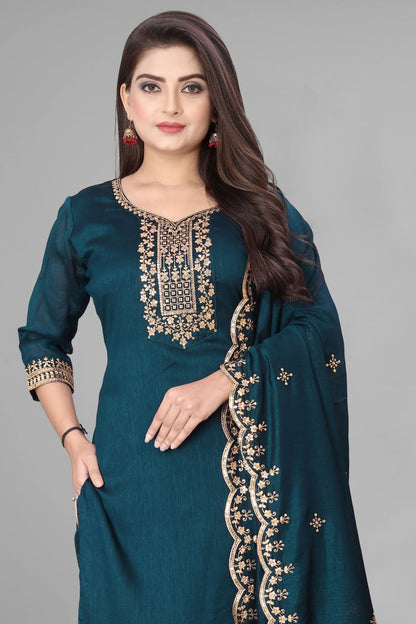 Elegant Teal Embroidered Silk Suit Set with Designer Dupatta