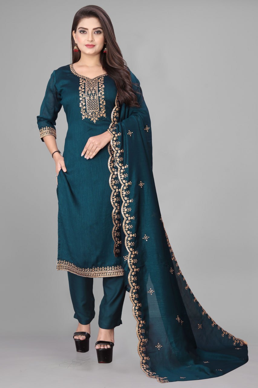 Elegant Teal Embroidered Silk Suit Set with Designer Dupatta