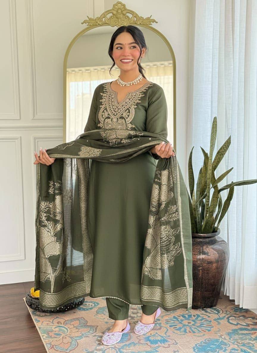 Elegant Teal & Olive Embroidered Women’s Suit Set with Printed Dupatta